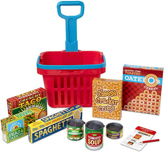 Fill and Roll Grocery Basket Play Set With Play Food Boxes and Cans