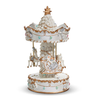 9.5" Animated Musical White Santa Sleigh Carousel