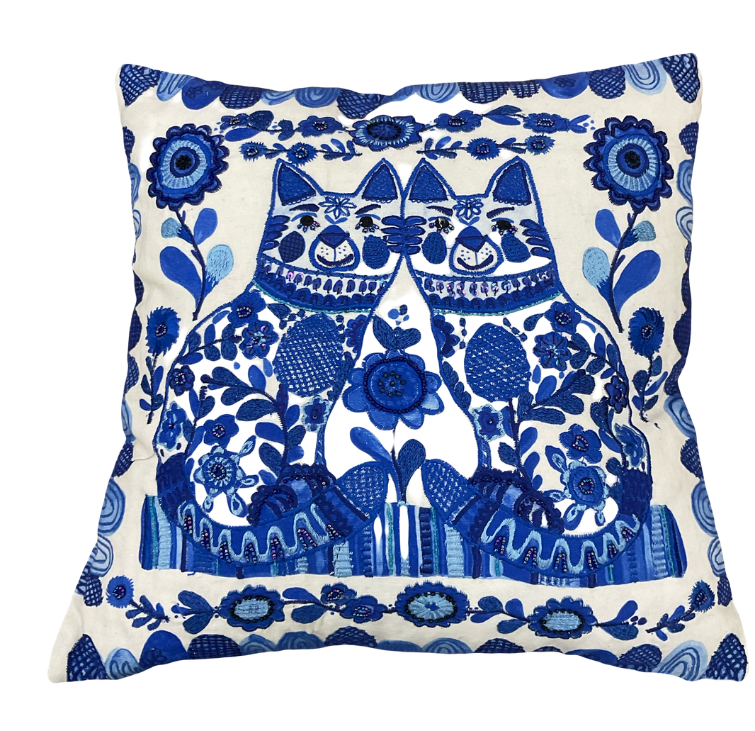 Blue and White Embroidered Cat Pillow