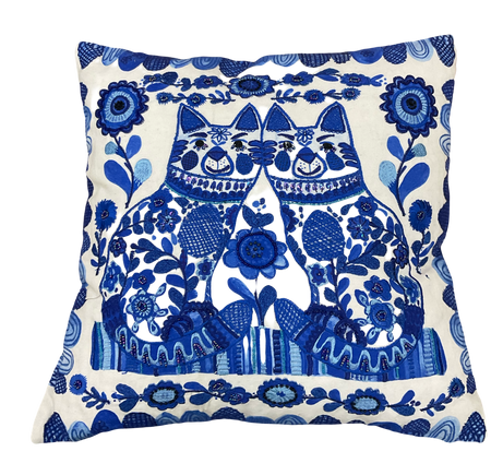 Blue and White Embroidered Cat Pillow