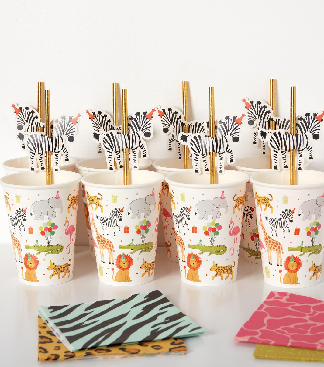 Party Animal Paper Cups and Straw Set | 8 Count