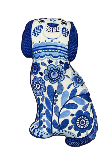 Blue and White Embroidered Dog Shaped Pillow, Fabric, 19" | SI0813