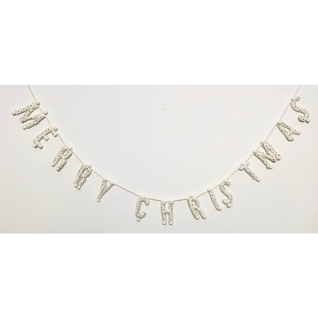 4.2ft Felt Garland, Merry Christmas Cream W Beads Stitched
