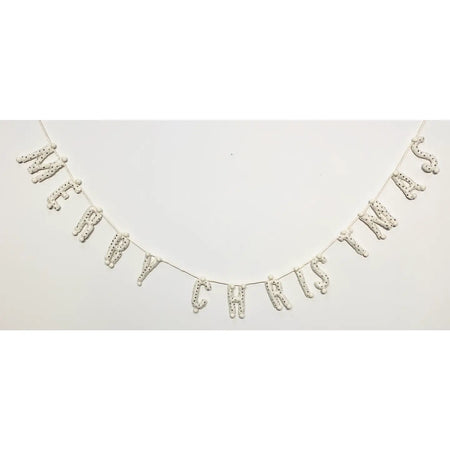 4.2ft Felt Garland, Merry Christmas Cream W Beads Stitched