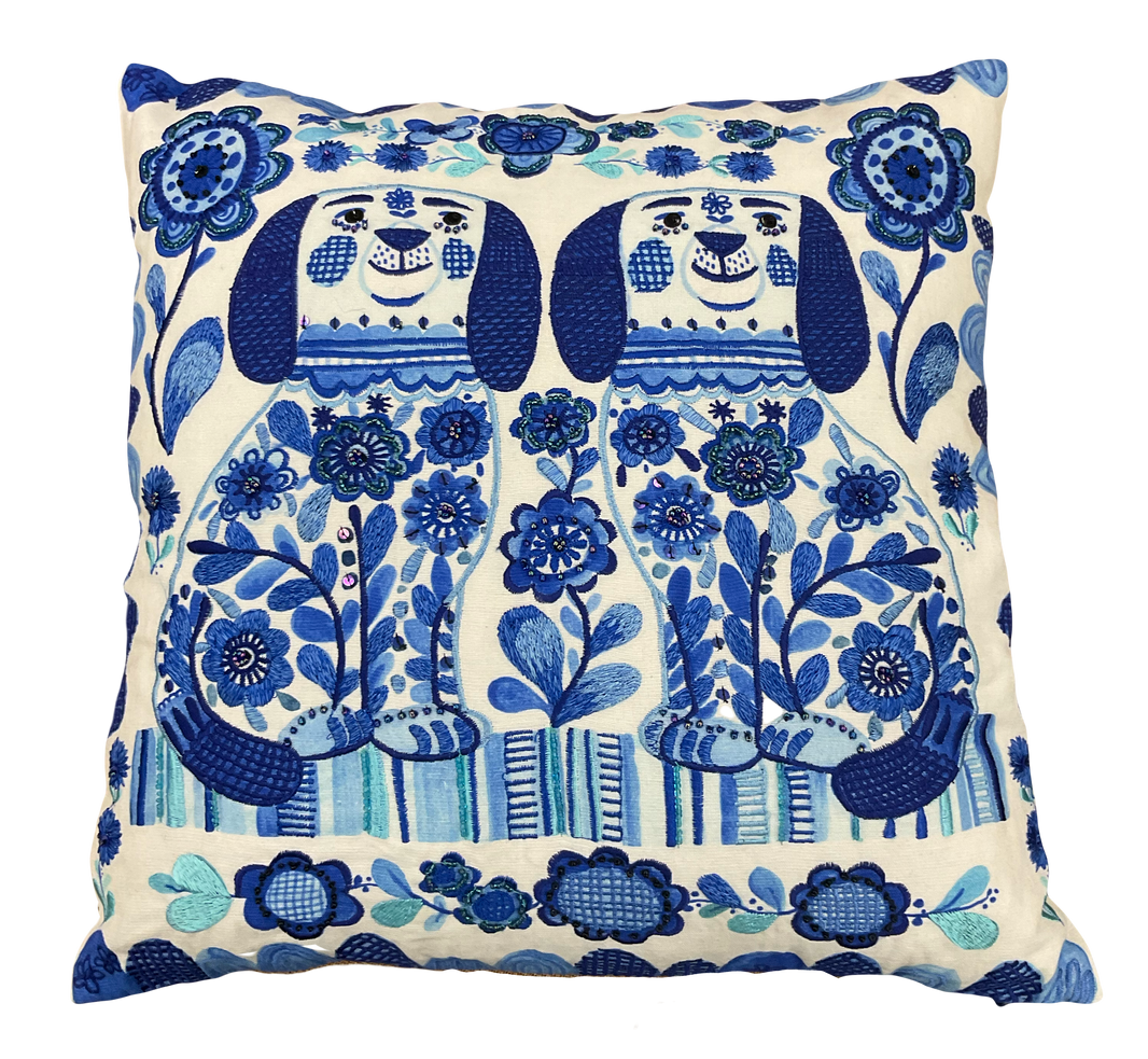 Blue and White Embroidered Dog Pillow