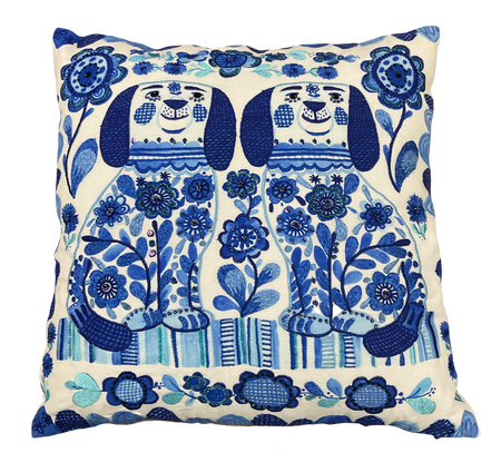 Blue and White Embroidered Dog Pillow