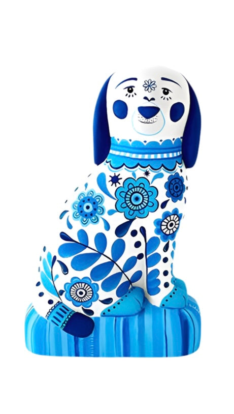 14.5" Blue and White Dog Papermache Figure