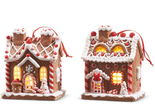 5" LED on Timer White Icing Gingerbread House Ornament
