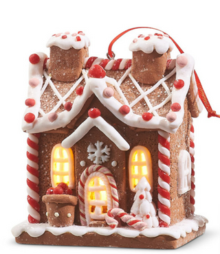 5" LED on Timer White Icing Gingerbread House Ornament