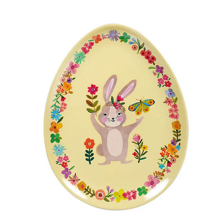 7" Egg Shaped Floral Patterned Spring Plate | Melamine | Yellow w/ Bunny