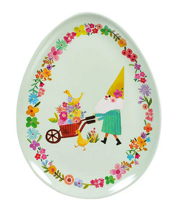 7" Egg Shaped Floral Patterned Spring Plate | Melamine | Green w/ Gnome