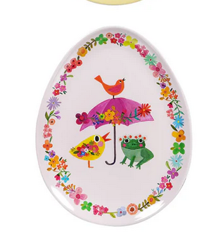 7" Egg Shaped Floral Patterned Spring Plate | Melamine | Pink w/ Umbrella