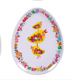 7" Egg Shaped Floral Patterned Spring Plate | Melamine | Purple w/ Chicks