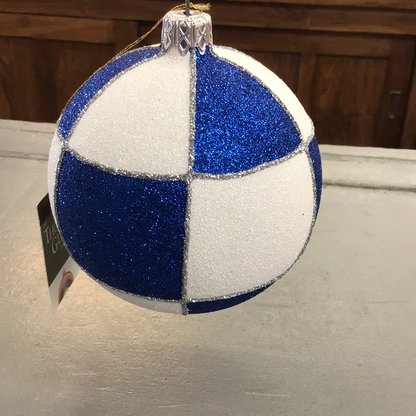 Blue and White Checkered Glittered Blown Glass Ornament 1027