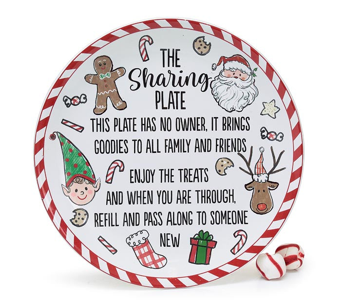 A white ceramic Christmas sharing plate with a red and white striped candy cane rim. The plate features colorful artwork including Santa Claus, a reindeer, an elf, a gingerbread man, and candy.
