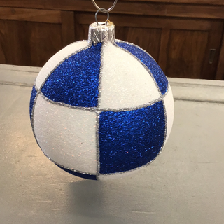 Blue and White Checkered Glittered Blown Glass Ornament 1027