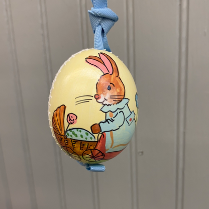 Austrian Hand Painted Egg - Bunny in Blue Coat with Baby Buggy
