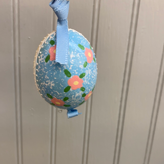Austrian Hand Painted Egg - Bunny in Blue Coat with Baby Buggy