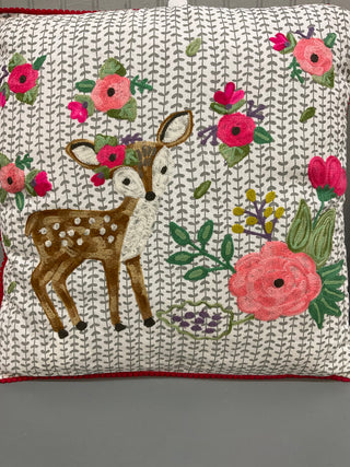 White Embroidered Deer Pillow