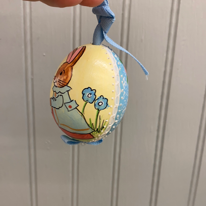 Austrian Hand Painted Egg - Bunny in Blue Coat with Baby Buggy