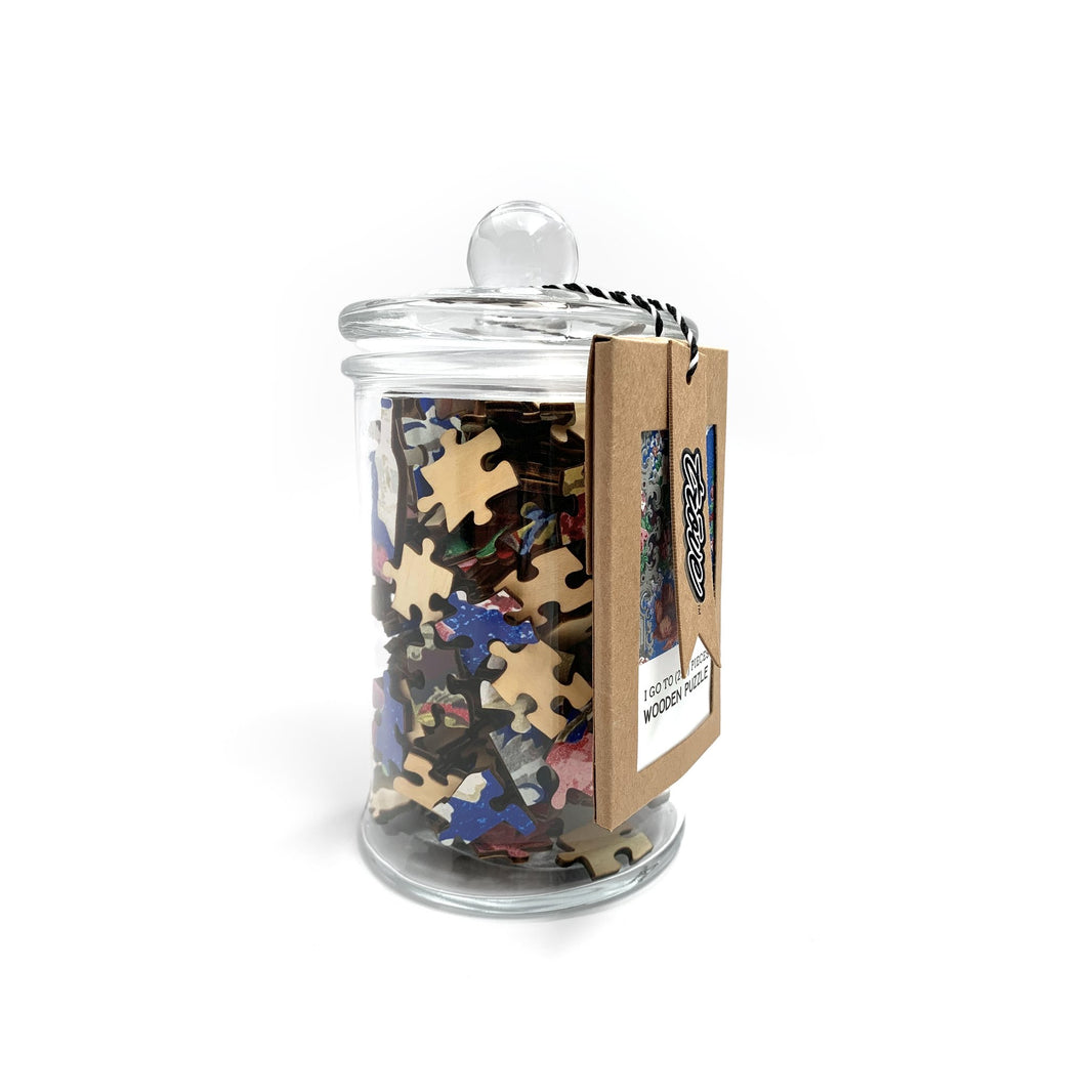 I Go To (250) Pieces Wooden Puzzle: Floral Table Cover in Glass Apothecary Jar