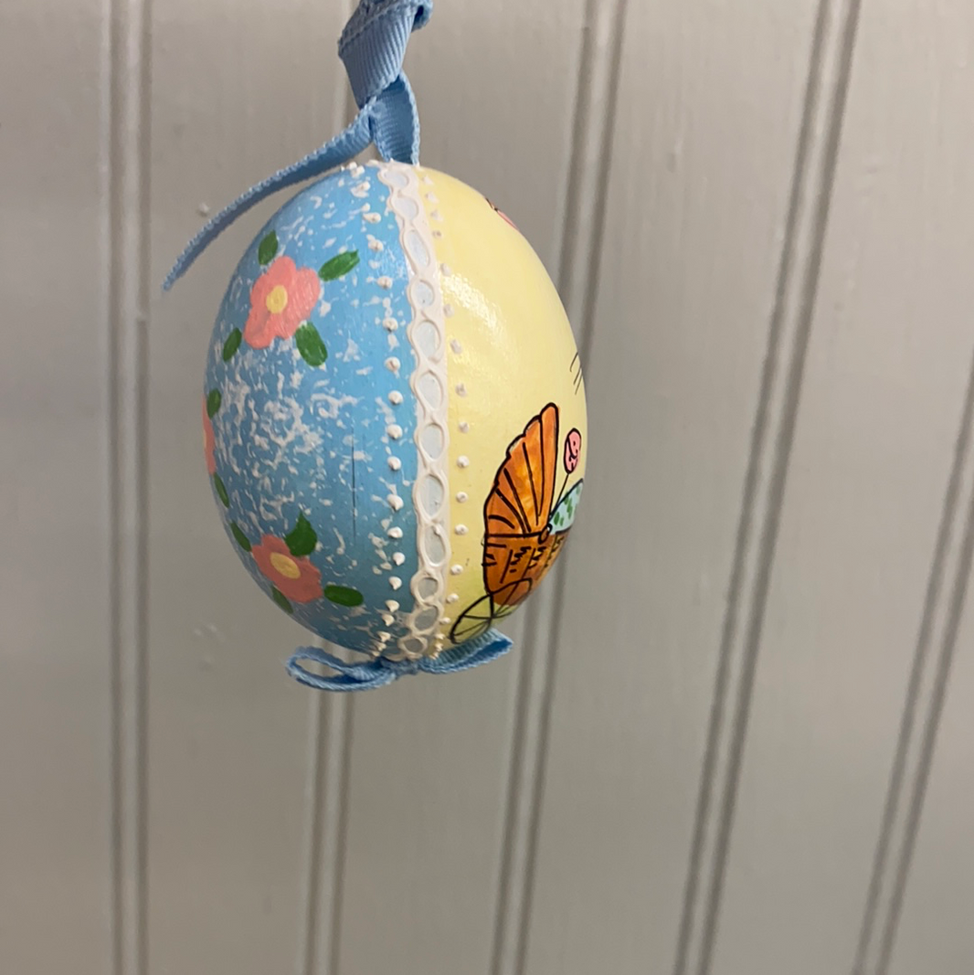 Austrian Hand Painted Egg - Bunny in Blue Coat with Baby Buggy