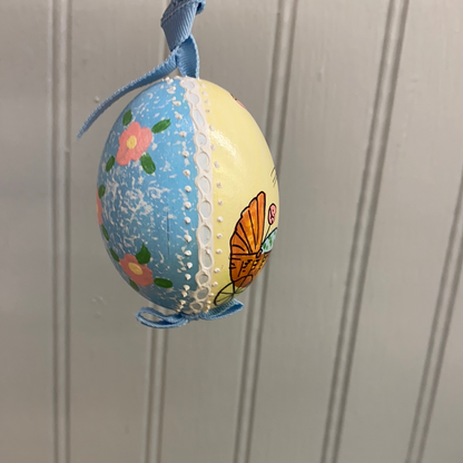 Austrian Hand Painted Egg - Bunny in Blue Coat with Baby Buggy