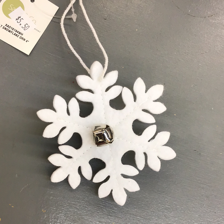 White Felt Snowflake with Bell Ornament
