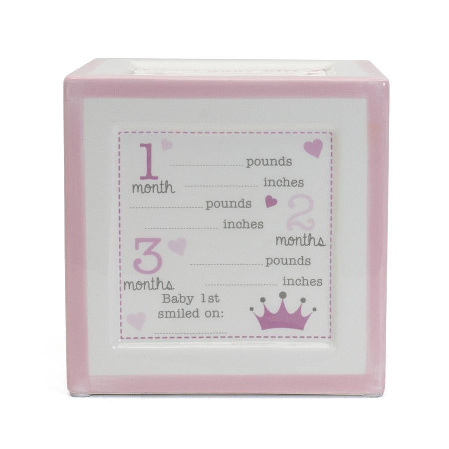 Sweet Baby Girl Announcement Block | Coin Bank and Milestone Tracker