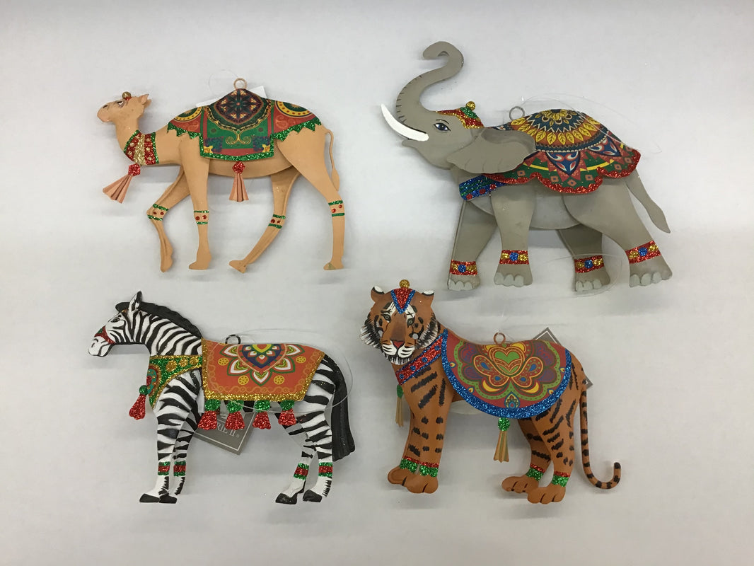 C&F Tin Boho Circus Animal Ornaments Assorted